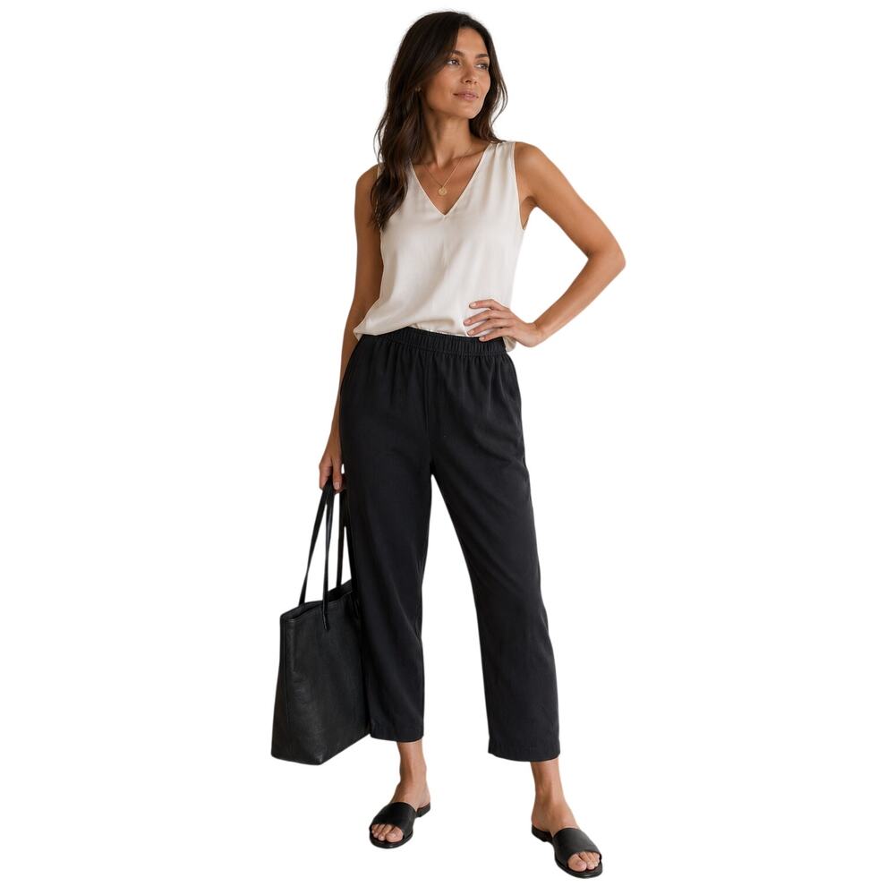 Eileen Fisher Black Silk Ankle Pants Pull-On Elastic Waist Relaxed Fit M